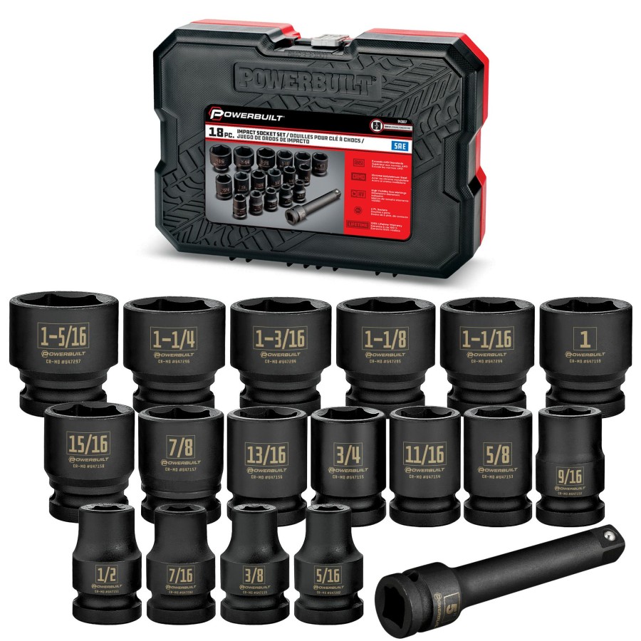 Tools Powerbuilt | Powerbuilt 18 Piece 1/2 Inch Drive 6 Point Sae Impact Socket Set 940837