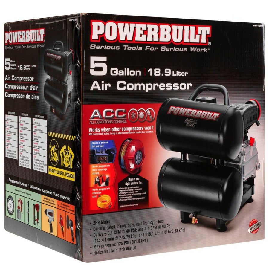 Tools Powerbuilt | Powerbuilt 5 Gallon Twin Tank 2Hp Motor 125 Max Psi Acc Air Compressor 641594