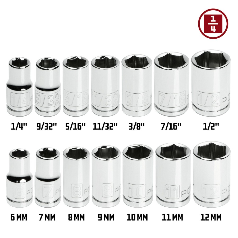 Tools Powerbuilt | Powerbuilt 14 Piece 1/4 Inch Drive Sae & Metric 6 Point Shallow Socket Set 640087