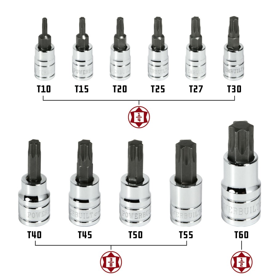 Tools Powerbuilt | Powerbuilt 12 Pc. Torx Bit Socket Set, Star Bit, 1/4 &3/8 &1/2 Drive 648415