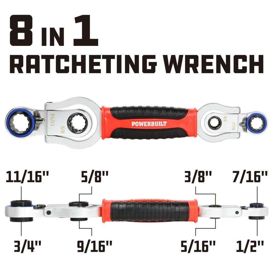 Tools Powerbuilt | Powerbuilt 8 Size In 1 Sae Reversible Flex-Head Ratcheting Wrench, 941153