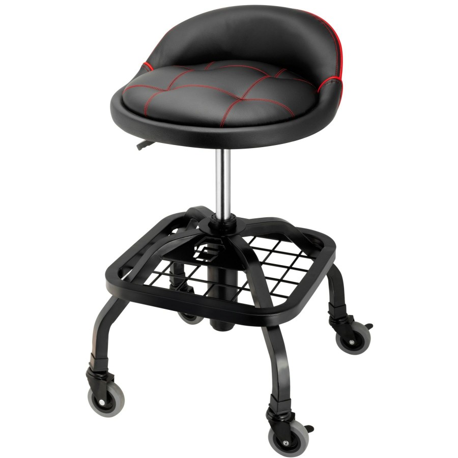 Tools Powerbuilt | Powerbuilt 330-Lbs Padded Rolling Shop Seat With Lumbar Support 240338