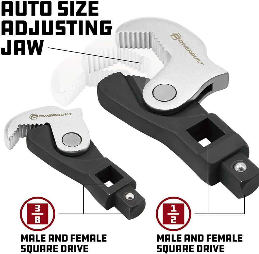 Tools Powerbuilt | Powerbuilt 2 Piece Spring-Loaded Auto Size Adjusting Crowfoot Wrench Set, Universal Wrench , Multi-Size Wrench, Self-Adjusting Wrench, Pow