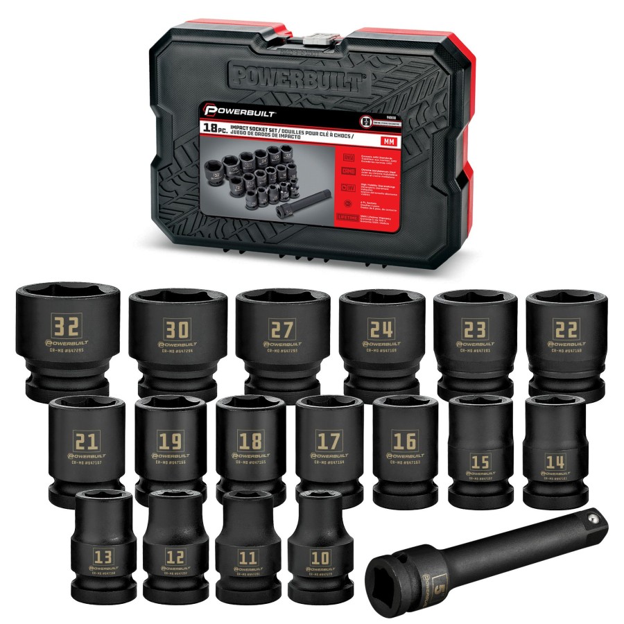 Tools Powerbuilt | Powerbuilt 18 Piece 1/2 Inch Drive 6 Point Metric Impact Socket Set 940838