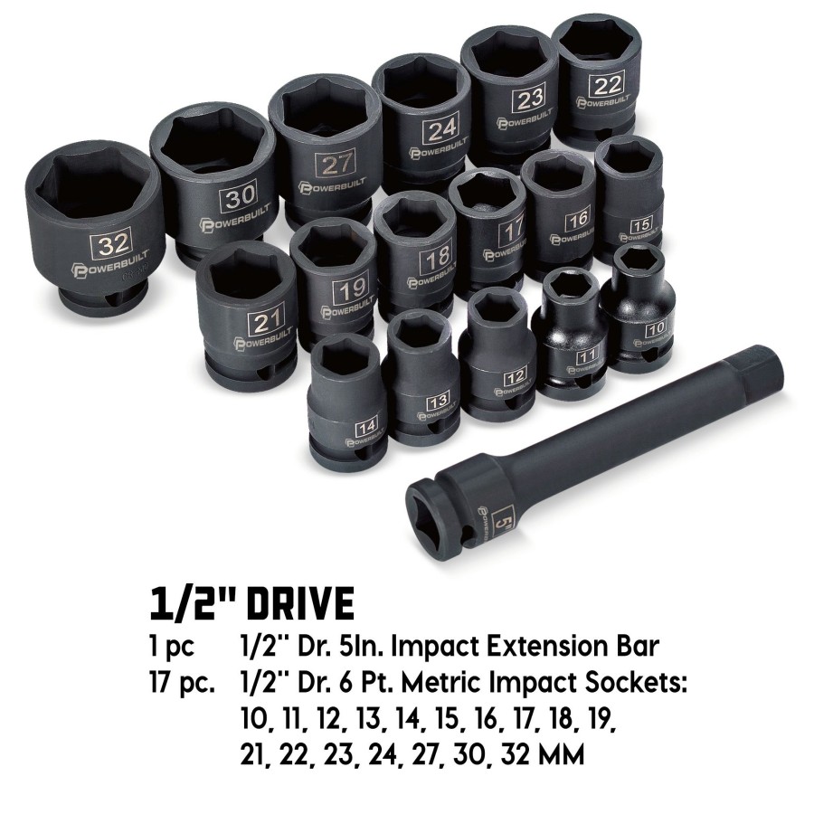 Tools Powerbuilt | Powerbuilt 18 Piece 1/2 Inch Drive 6 Point Metric Impact Socket Set 940838